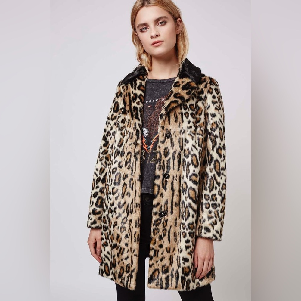 TOPSHOP Faux Fur Leopard Print Coat
